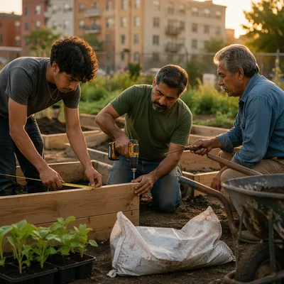 Three Men Building Garden Planters