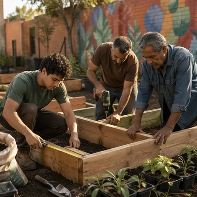 Latino Men Building Garden Planter Beds