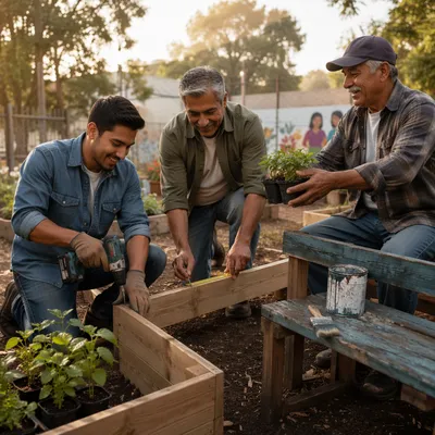 Latino Men Building Planters in Urban Garden