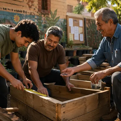 Latino Men Building Garden Planters Together