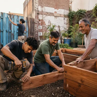 Latino Men Building Community Garden Together