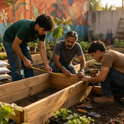 Latino Men Building Garden Planters Together