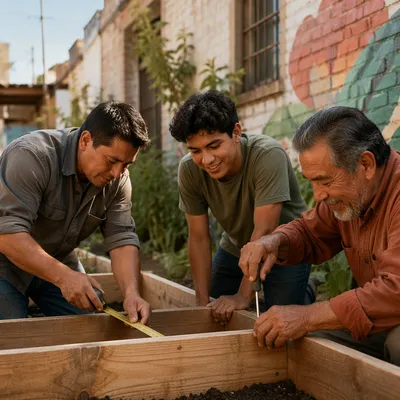 Three Men Building Garden Beds Together
