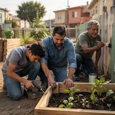 Latino Men Working in Urban Garden