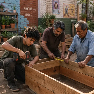 Three Men Building Garden Planter Together