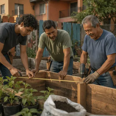 Latino Men Building Garden Planter Boxes
