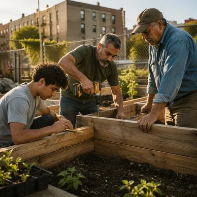 Three Men Building Garden Planters