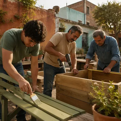 Latino Men Working in Urban Courtyard