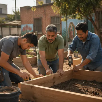 Three Men Building Garden Beds
