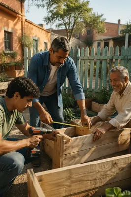 Three Men Building Garden Planters Together