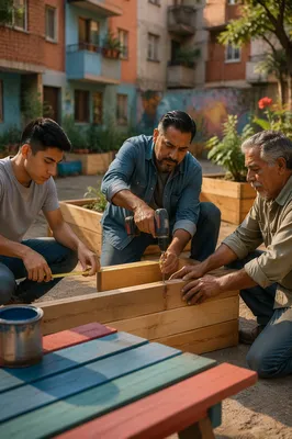 Three Men Building Planter Boxes Together
