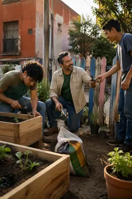 Latino Men Building Garden Planters Together