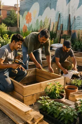 Three Men Building Garden Planters