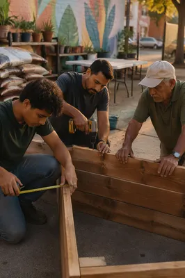 Three Men Building Garden Beds Together