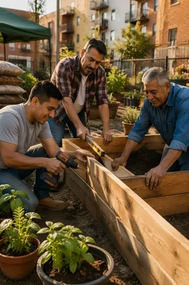 Three Men Building Garden Planters Together