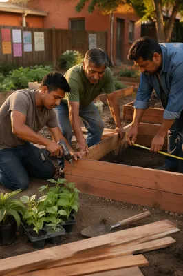 Three Men Building Community Garden Planter