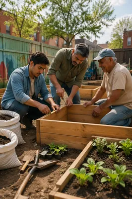 Latino Men Building Community Garden Boxes