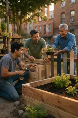 Three Men Building Urban Garden Planters