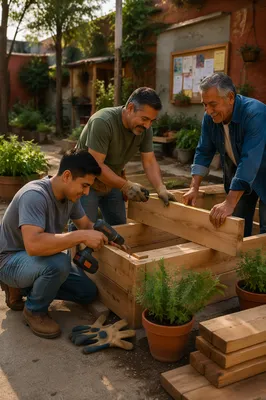 Three Men Building Garden Planters Together