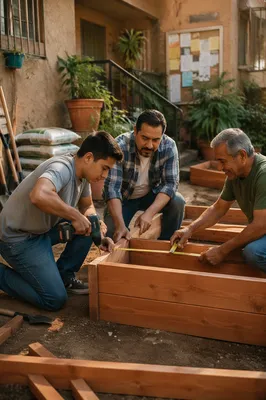 Three Men Building Garden Beds Together
