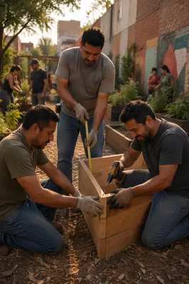 Latino Men Building Garden Planter Together