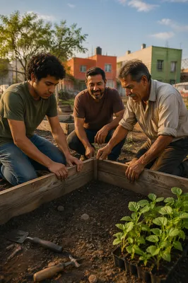 Latino Men Building Community Garden Planters