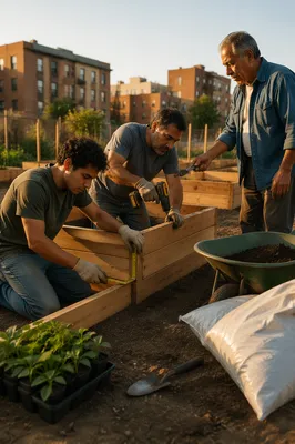 Three Men Building Garden Planters