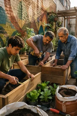 Three Men Building Garden Planter Beds