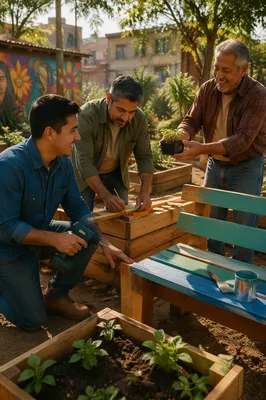 Latino Men Building Planters in Garden