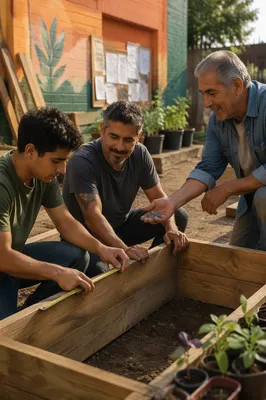 Three Men Building Garden Planters