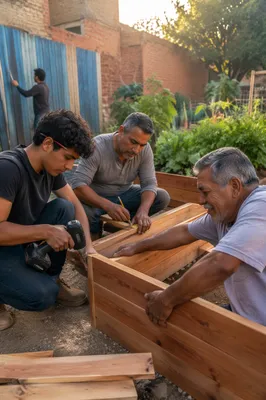 Three Men Building Community Garden Together