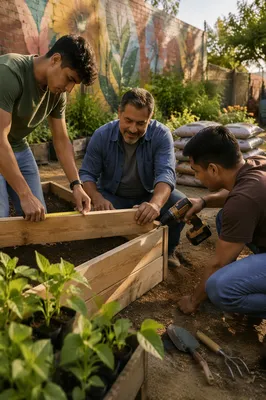 Three Men Building Garden Planters