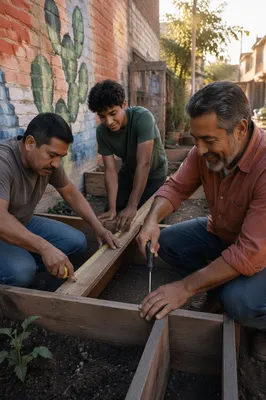 Three Men Building Garden Beds Together