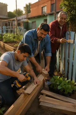 Latino Men Building Urban Garden Together