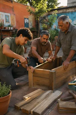 Three Men Building Garden Planter Together