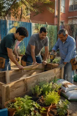 Latino Men Building Garden Planter Boxes