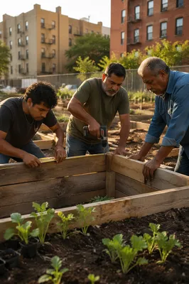 Three Men Building Urban Garden Planters
