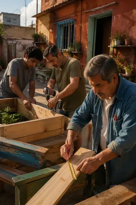 Three Men Building Garden Beds Together