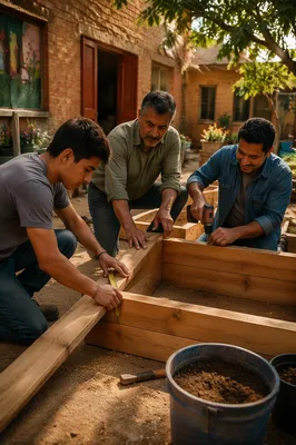 Men Building Raised Garden Beds Together