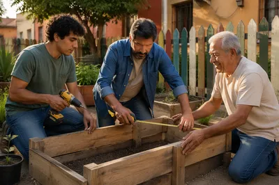 Three Men Building Garden Planters Together