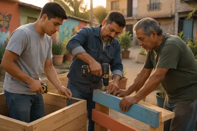Three Men Building Planter Boxes Together