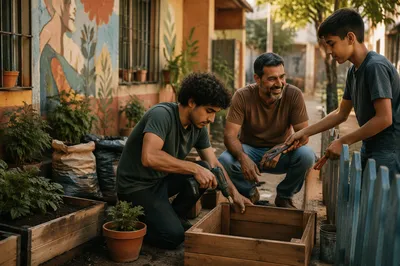 Three Men Building Garden Planters Together