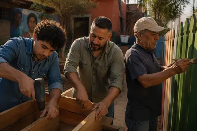 Latino Men Building Garden Beds Together