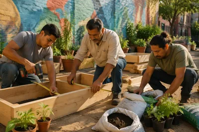 Latino Men Building Raised Garden Planters