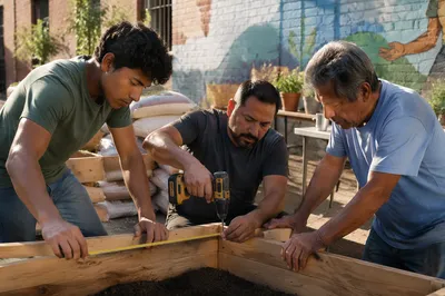 Three Men Building Garden Beds Together