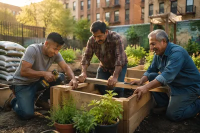 Latino Men Building Garden Planters Together