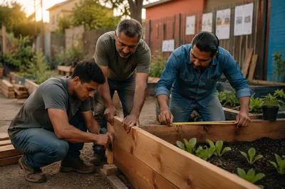 Three Men Building Community Garden Together