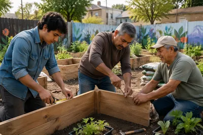 Three Men Building Garden Planter Boxes