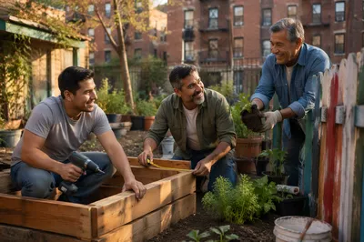 Latino Men Building Urban Garden Together