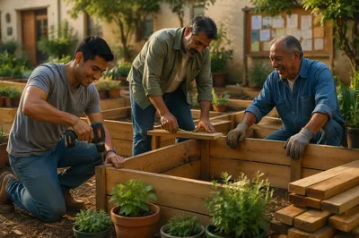 Latino Men Building Garden Planters Together
